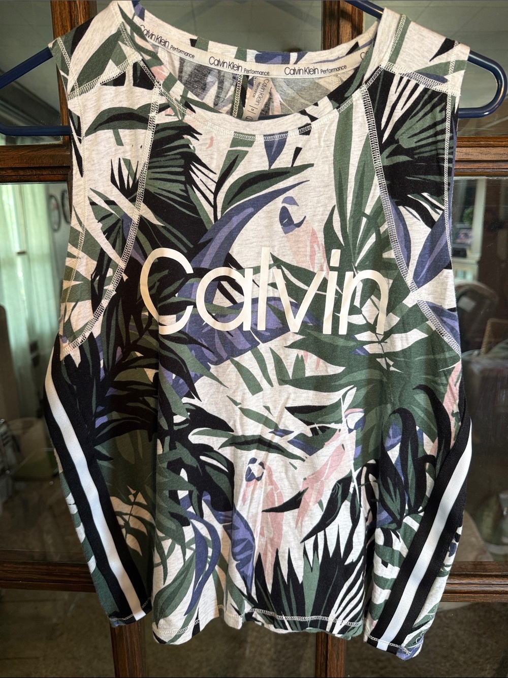Calvin Klein Performance Womens Tropical Palm Print Split Back Tank Top Medium